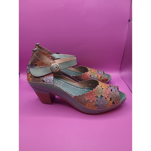 L'Artiste AVNIA Sandals Blue Multi Floral Hand Painted Peep Toe Heels 39 - Picture 2 of 12